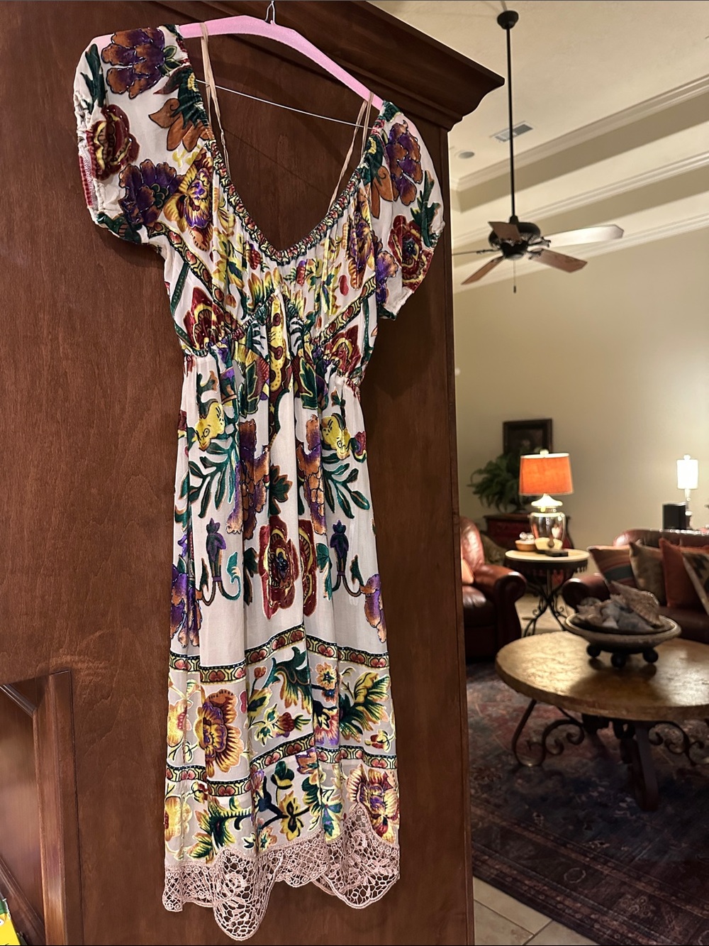 Hale Bob Gold Midi Dress with Purple, Yellow & Green Floral Print